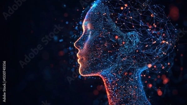 Fototapeta Digital Representation of a Female Profile with Neon Connections and Nodes