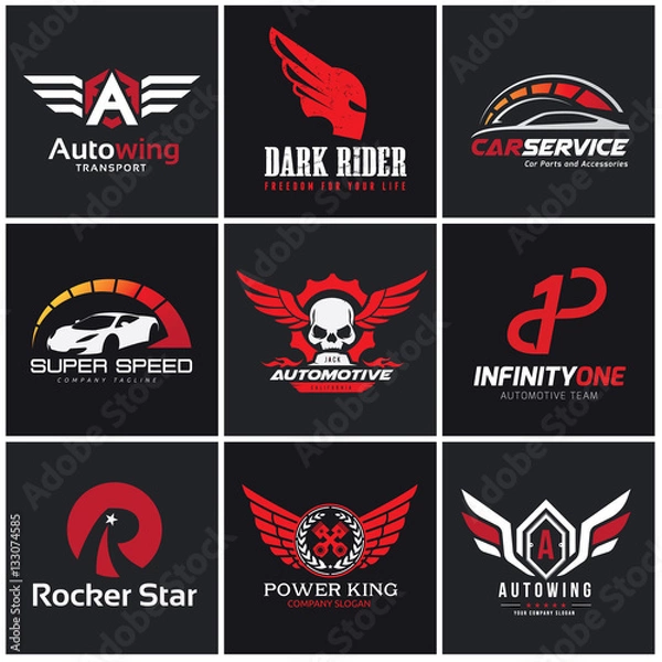 Fototapeta logo collection set automotive skull rock wing warrior sound bike motorcycle motorbike t shirt tattoo fox lion eagle animal crest crests