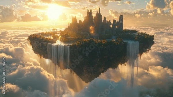 Fototapeta Floating Island Castle Above Clouds at Sunset with Waterfalls