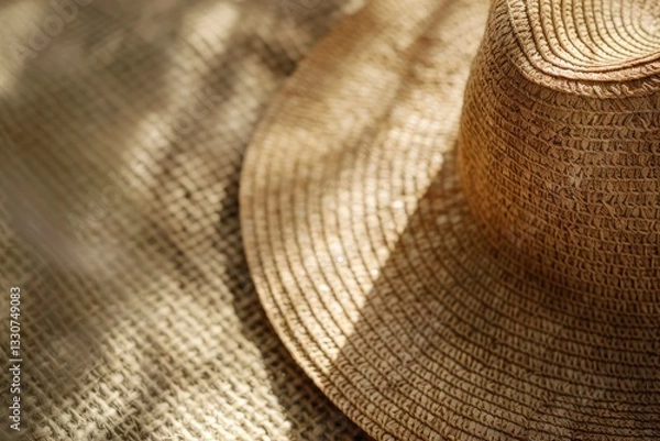 Fototapeta A sunlit straw hat resting on a textured surface, surrounded by soft shadows, evoking summer vibes