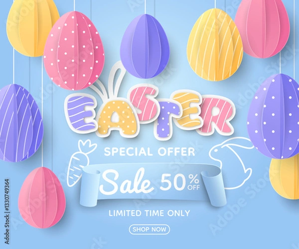 Obraz Cute sale banner with realistic paper-style decorations. Coloured eggs, a drawn rabbit and carrot, 3D inscription of Easter with bunny ears and a ribbon on a blue background. A discount offer template