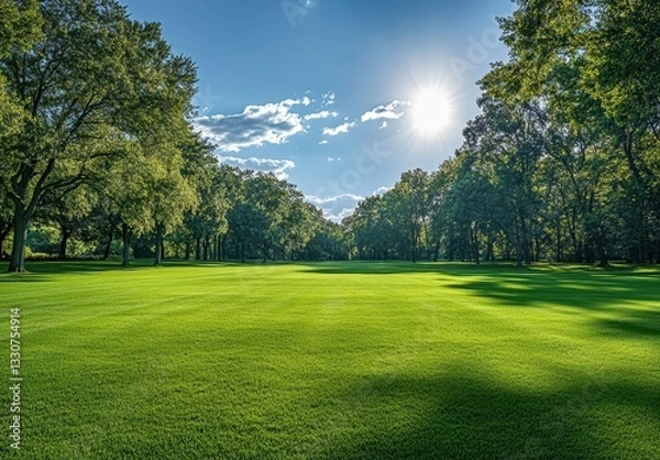 Fototapeta Serene Green Field Surrounded by Lush Trees Under Bright Sunlight with Fluffy Cloudy Sky Creating a Peaceful Nature Landscape