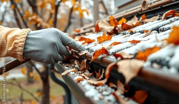 Obraz gutter cleaning autumn leaves winter prep