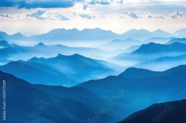 Fototapeta Serene Mountain Landscape with Soft Blue Tones and Layered Horizons under a Dramatic Cloudy Sky at Dusk in a Peaceful Wilderness Setting