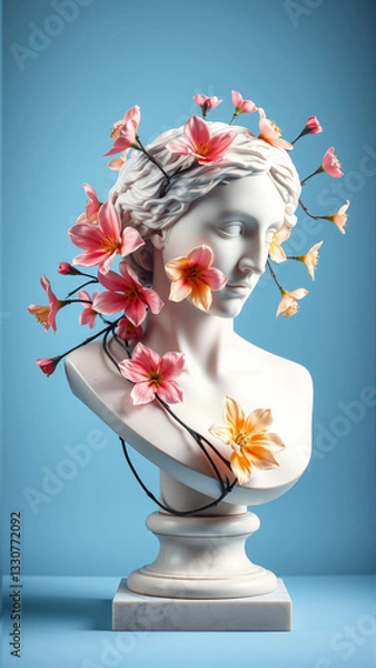 Fototapeta Stone statue covered with spring flowers on isolated background