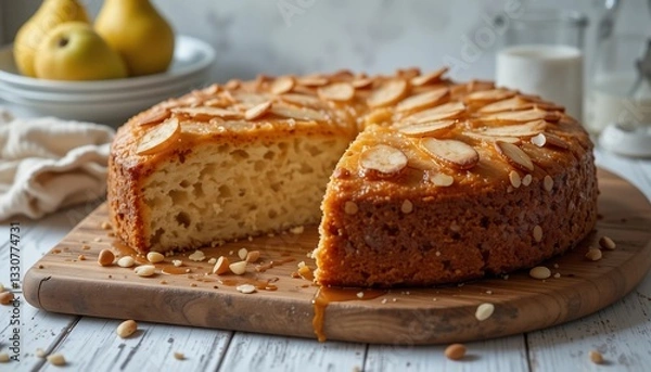 Fototapeta Delicious Almond and Pear Upside Down Cake Sliced on Wooden Board