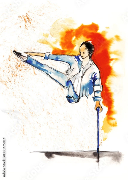 Fototapeta disabled dancer with one leg missing uses a cane to dance, disability inclusion
