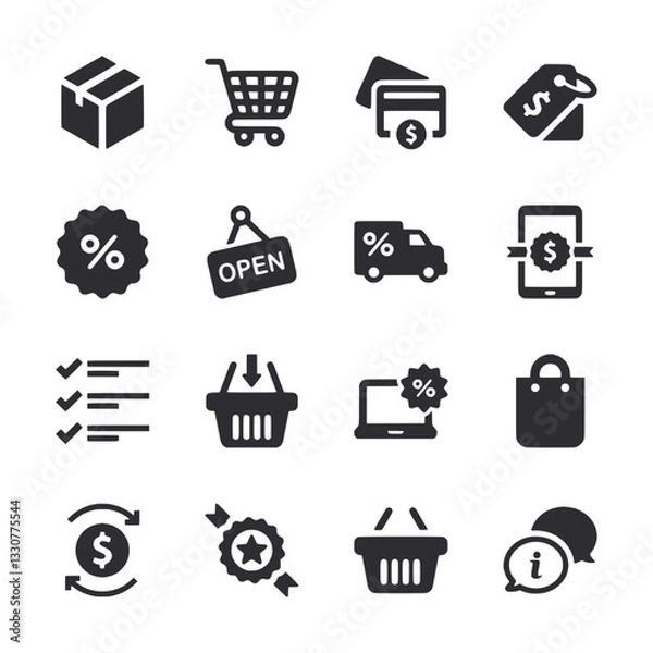 Fototapeta A set of shopping icons including a shopping cart, a box, a laptop