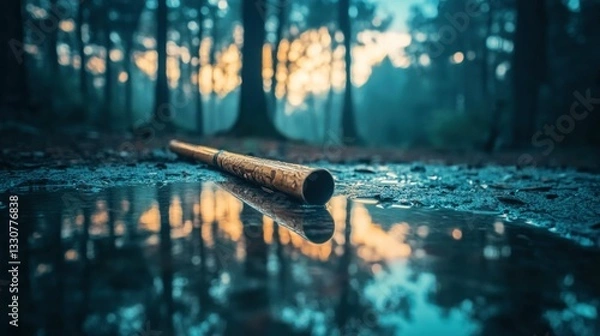 Fototapeta A wooden tube rests beside a puddle in a forest setting