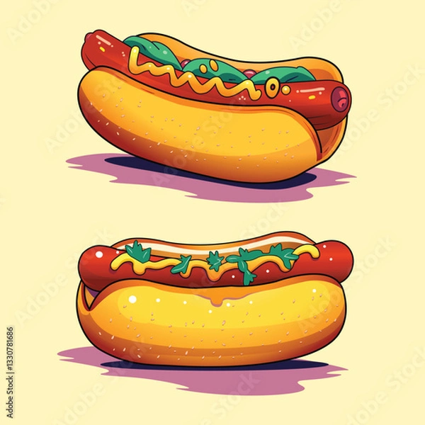 Fototapeta Delicious hotdogs vector featuring a sausage in a soft bun, topped with ketchup and mustard. Perfect for fast food, American meals, snacks, and junk food illustrations.