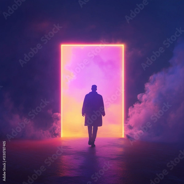Fototapeta Silhouette of a lone figure walking through a radiant, glowing path, symbolizing hope and journey.  