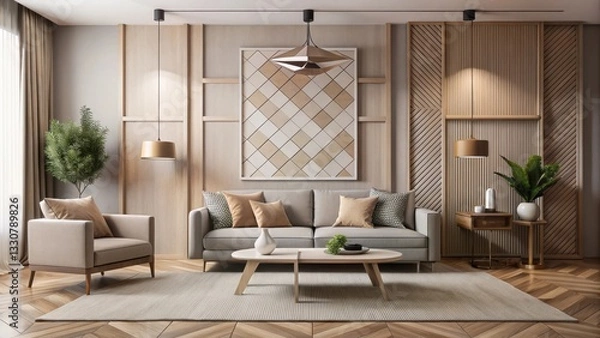 Fototapeta Minimalist living room with neutral tones and geometric patterns , clean lines