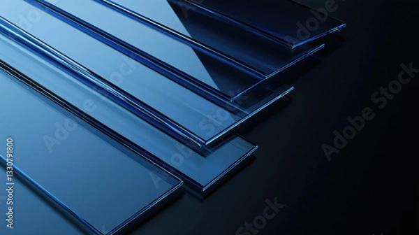 Fototapeta Set of Blue Glass Sheets and Panels Arranged in an Angular Pattern on the Right Side, Featuring Transparent Texture and Blue Gradient Color Against a Black Background
