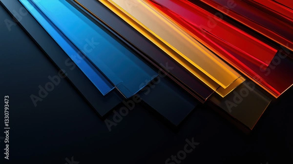Fototapeta Blue, Red, Gold, and Black Glass Sheets and Panels Arranged in an Angular Pattern on the Right Side with Transparent Texture, Gradient Colors, and Smooth Light Reflections Against a Black Background