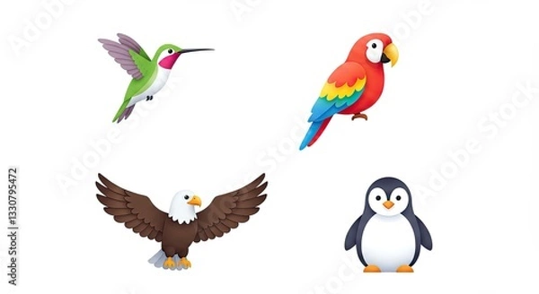 Obraz Colorful animal icons: hummingbird, parrot, eagle, penguin illustration collection