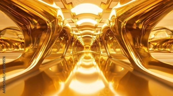 Fototapeta Golden architectural structure displaying a long hallway with reflective surfaces