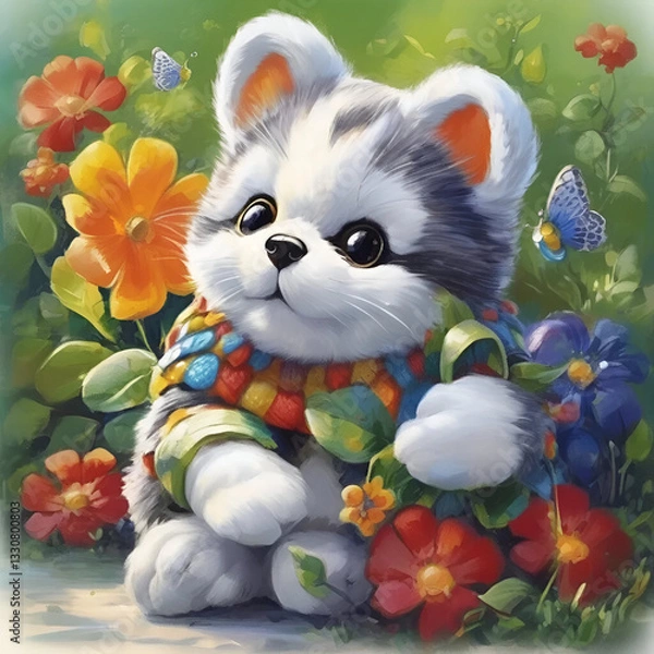 Fototapeta Cute fluffy kitten surrounded by colorful flowers in a vibrant garden during daylight.
