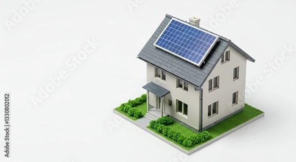 Fototapeta Model house with solar panel on roof in minimalist setting