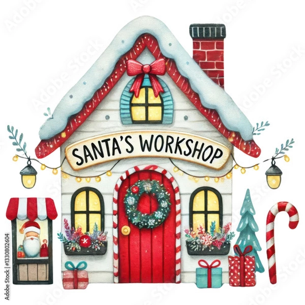 Fototapeta Christmas house concept. A whimsical illustration of Santa's Workshop, featuring a cozy house adorned with festive decorations, snow, and holiday elements.