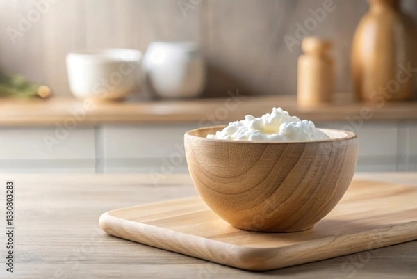 Fototapeta A wooden bowl filled with creamy cottage cheese sits on a wooden serving tray, a kitchen counter in soft focus behind