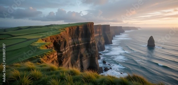 Fototapeta Dramatic Cliffs Edge Landscape at Sunrise with Calm Sea and Green Fields