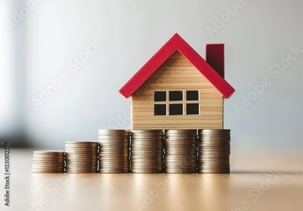 Fototapeta Wooden house model with red roof on top of stacked coins representing financial investment in real estate and property market growth concept