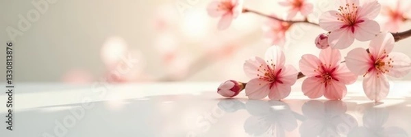 Fototapeta Delicate peach blossoms reflected in pristine white surface, blossom, elegance