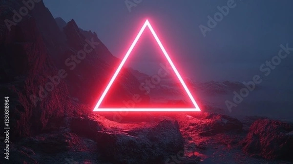 Fototapeta A glowing red triangle illuminated within a dark landscape scene