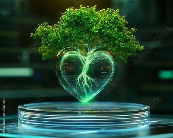 Fototapeta A glowing heart-shaped tree symbolizes love and nature's connection, showcasing green vitality in a modern display.