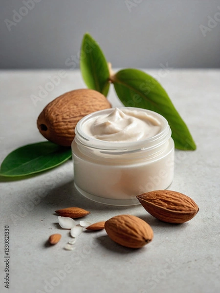 Fototapeta Creamy almond moisturizer with natural ingredients like almonds and green leaves on a light background