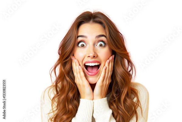 Fototapeta Happy young woman with long wavy hair expressing excitement, wearing a sweater, isolated on a white background. Concept of surprise and happiness. Ai generative