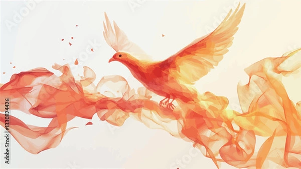 Fototapeta An abstract digital painting depicts a dove in flight, rendered in shades of orange and yellow. The dove appears to be composed of or surrounded by flame-like, translucent brushstrokes. The