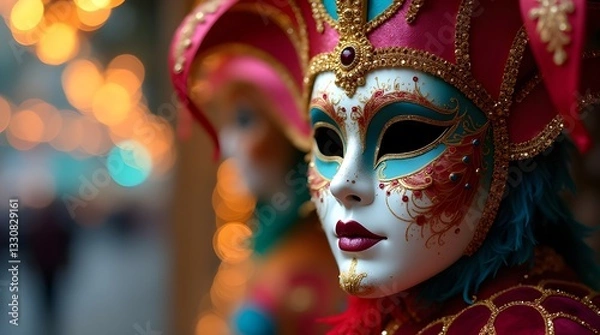 Fototapeta  Ornate Venetian carnival mask with vibrant feathers and gold beading