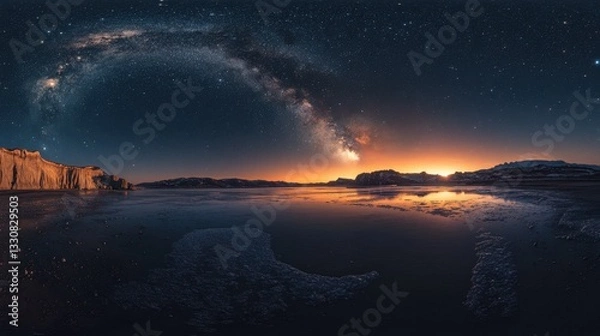 Fototapeta Serene beach with the milky way galaxy illuminating the night sky in a peaceful and wonderous atmosphere