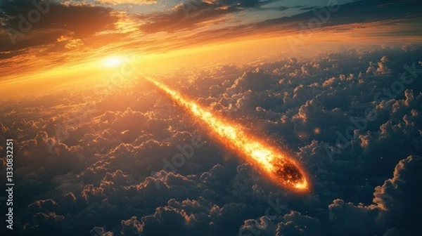 Fototapeta Airplane gliding through the clouds in a bright sunrise sky illuminated with glowing light and color