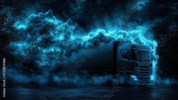 Obraz Mysterious Truck Emerging from Dark Fog in Neon Blue Light