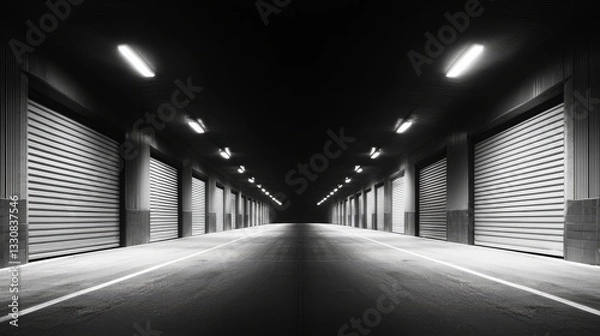 Fototapeta Empty warehouse captured in monochrome, emphasizing dramatic lighting and moody atmosphere. Empty warehouse with deep shadows and high contrast enhances the eerie atmosphere.