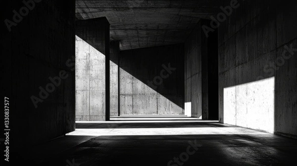 Fototapeta Empty warehouse captured in monochrome, emphasizing dramatic lighting and moody atmosphere. Empty warehouse with deep shadows and high contrast enhances the eerie atmosphere.
