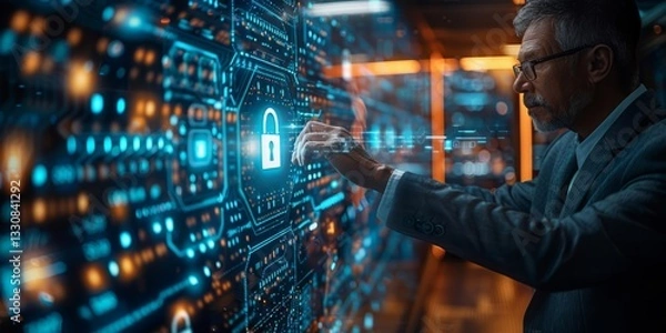 Fototapeta Business professional interacting with a futuristic cybersecurity interface featuring a glowing lock symbol, symbolizing data protection