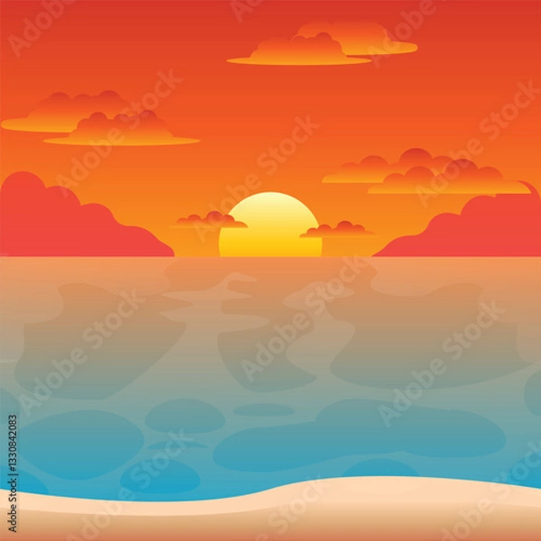 Fototapeta Beautiful golden hues paint the sky as the sun dips into the horizon, casting a warm glow over the gentle waves. The ocean shimmers, reflecting shades of orange, red, and blue,  across the sandy shore