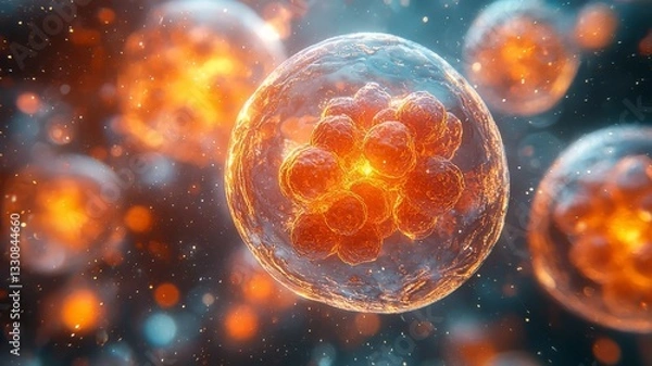 Obraz Close-up of vibrant, glowing cells in a dynamic, abstract background, symbolizing life, growth, and scientific innovation for health and biotechnology themes.