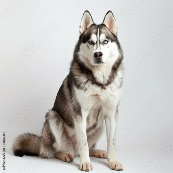 Fototapeta A husky dog, its sharp eyes and thick fur coat creating a striking contrast against the pure white background.
