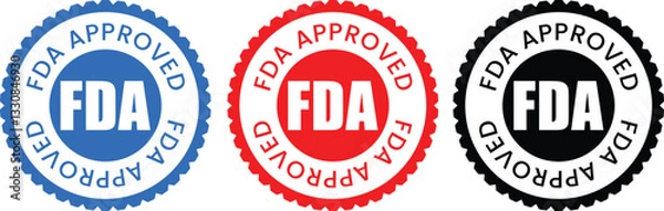 Obraz vector set of FDA (Food And Drug Administration)  Approved Seal Badges in Red, Blue, and Black Colors
