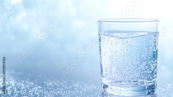 Fototapeta A glass of sparkling water with bubbles, set against a soft blue background.