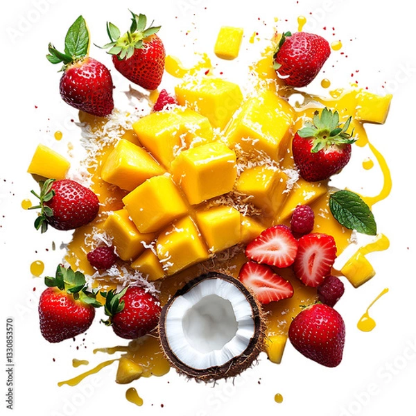 Obraz Mango Strawberry Coconut Scattering Isolated on Transparent Background