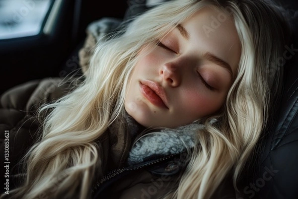 Fototapeta Beautiful blonde woman with closed eyes and long hair, wearing a winter jacket, sleeping on the car seat. A portrait of a beautiful young female passenger relaxing while traveling by train.