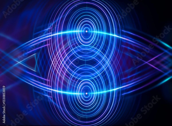 Fototapeta Abstract blue and purple concentric circles with bright light lines creating a futuristic and modern geometric pattern against a dark backdrop.
