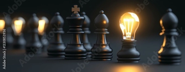 Fototapeta A creative chess setup featuring a glowing light bulb instead of a king piece, symbolizing innovation in strategy.