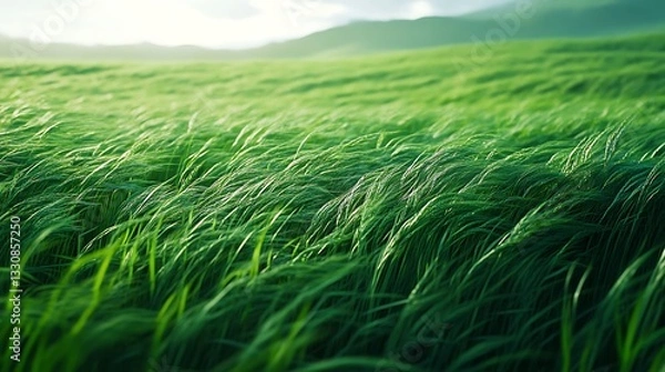 Fototapeta The grassland stretches endlessly, its emerald-green blades swaying in the gentle breeze like an ocean of silk