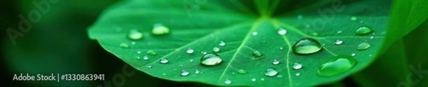Fototapeta Jade-colored leaf, numerous water droplets, soft light illumination, freshness, botany